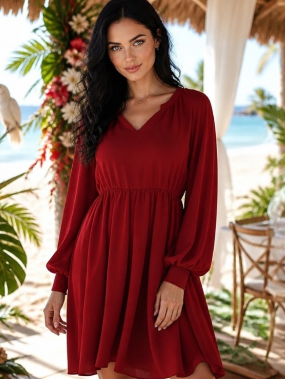 Women's Red Long-Sleeve V-Neck Elastic-Waist Dress